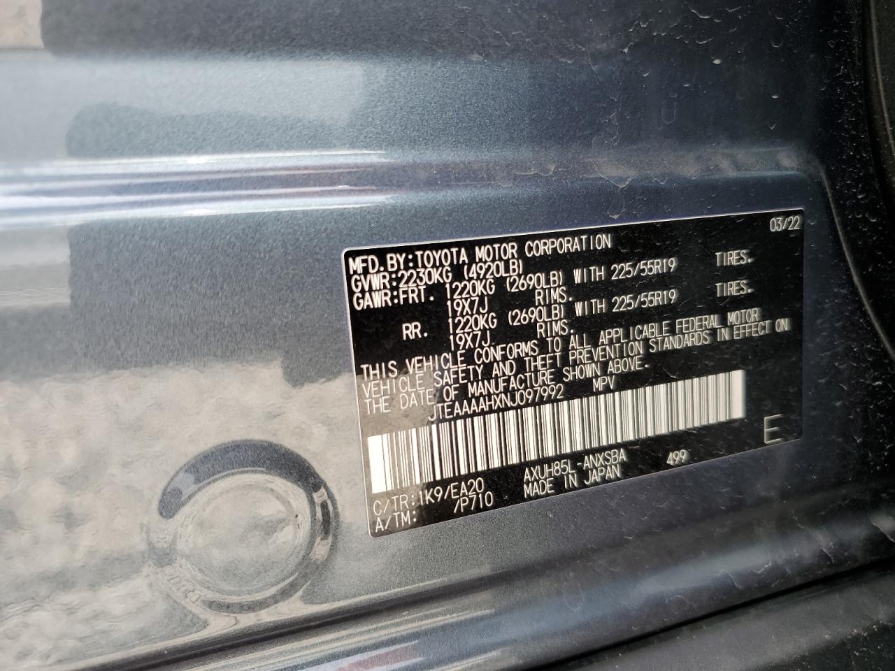 2022 Toyota Venza Le VIN: JTEAAAAHXNJ097992 Lot: 59601895