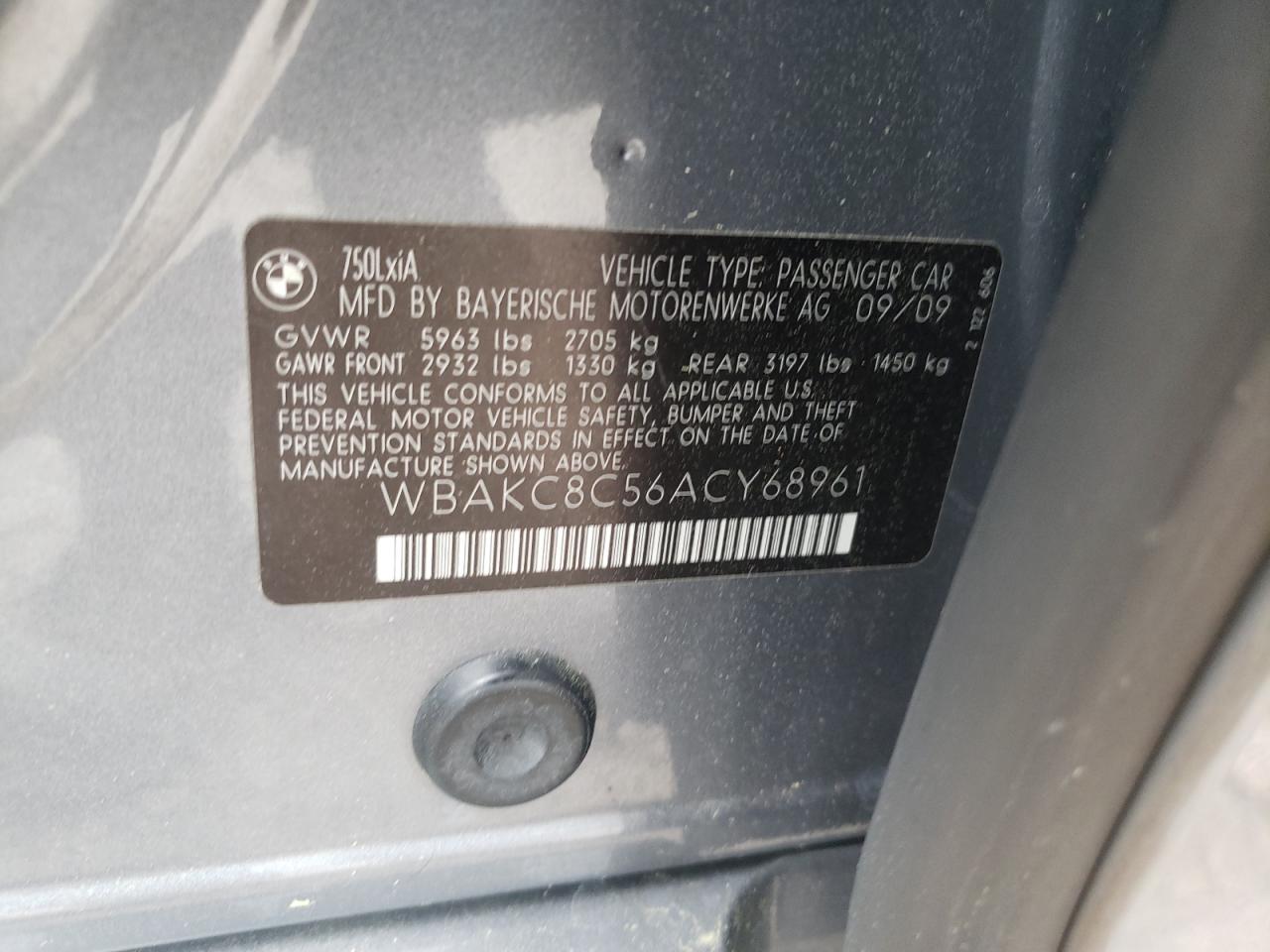 2010 BMW 750 Li xDrive VIN: WBAKC8C56ACY68961 Lot: 62660015