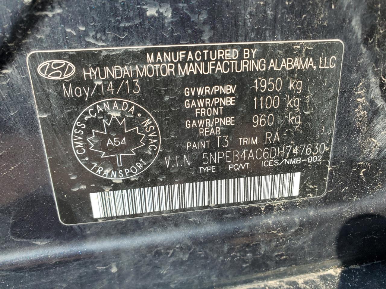 2013 Hyundai Sonata Gls VIN: 5NPEB4AC6DH747630 Lot: 60914935