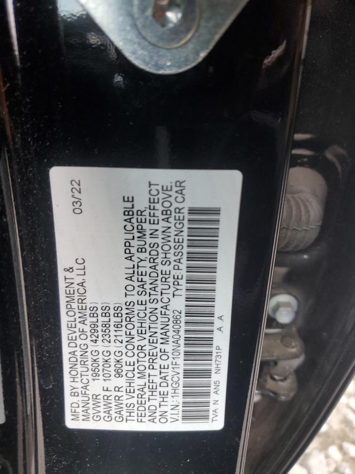2022 Honda Accord Lx VIN: 1HGCV1F10NA040862 Lot: 60396025