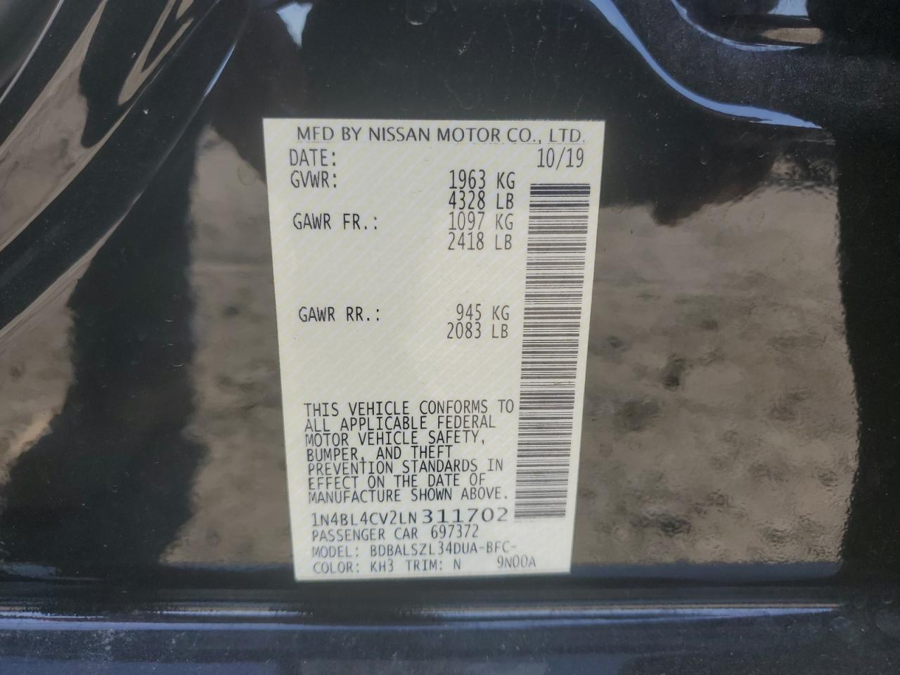 2020 Nissan Altima Sr VIN: 1N4BL4CV2LN311702 Lot: 62940805