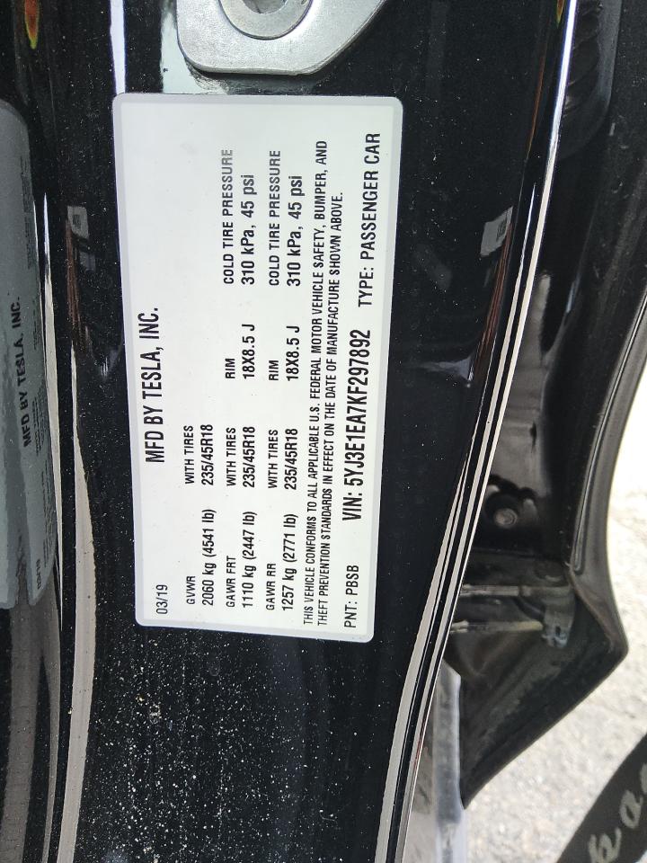 2019 Tesla Model 3 VIN: 5YJ3E1EA7KF297892 Lot: 59280175