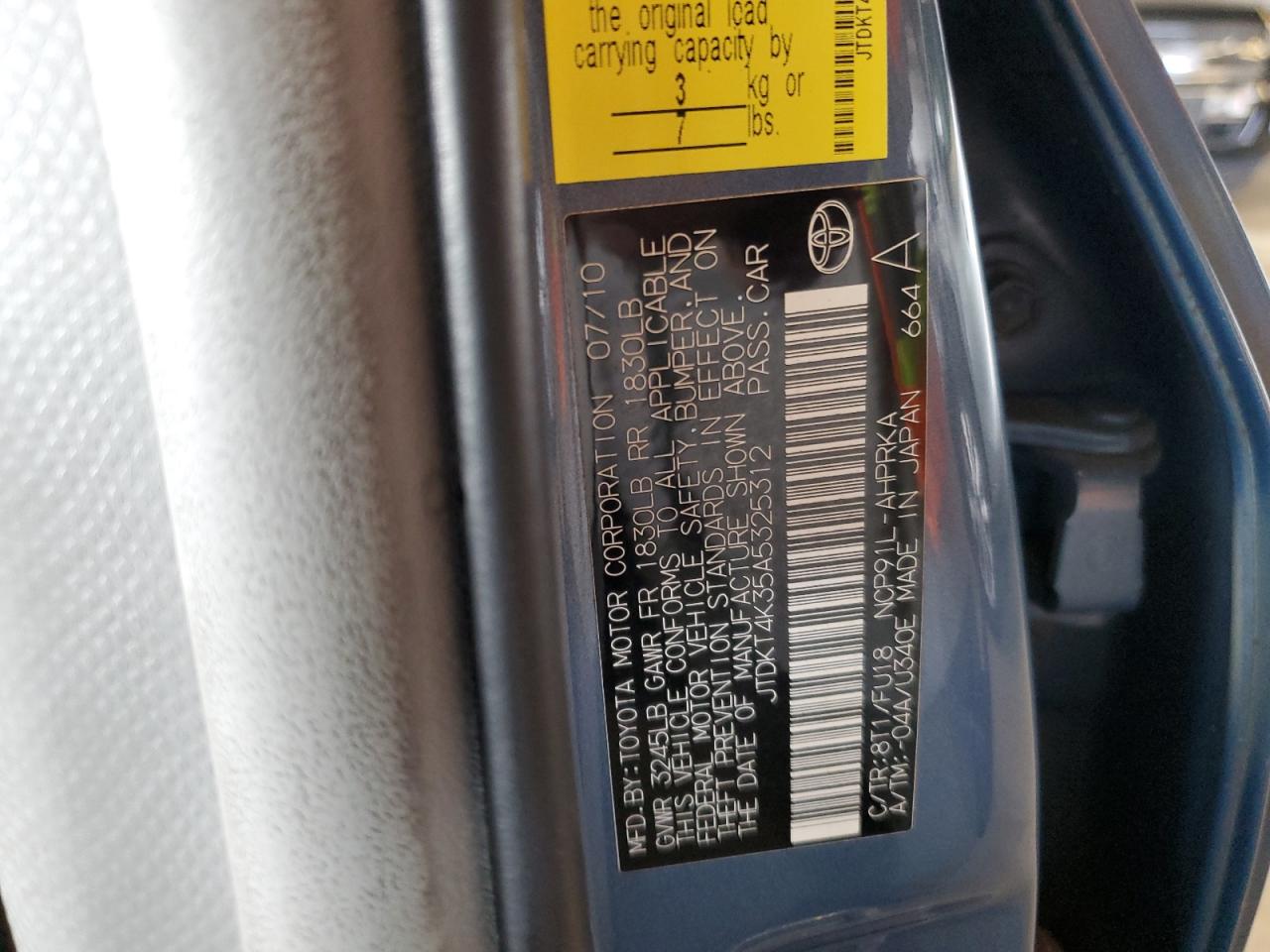 2010 Toyota Yaris VIN: JTDKT4K35A5325312 Lot: 60921655