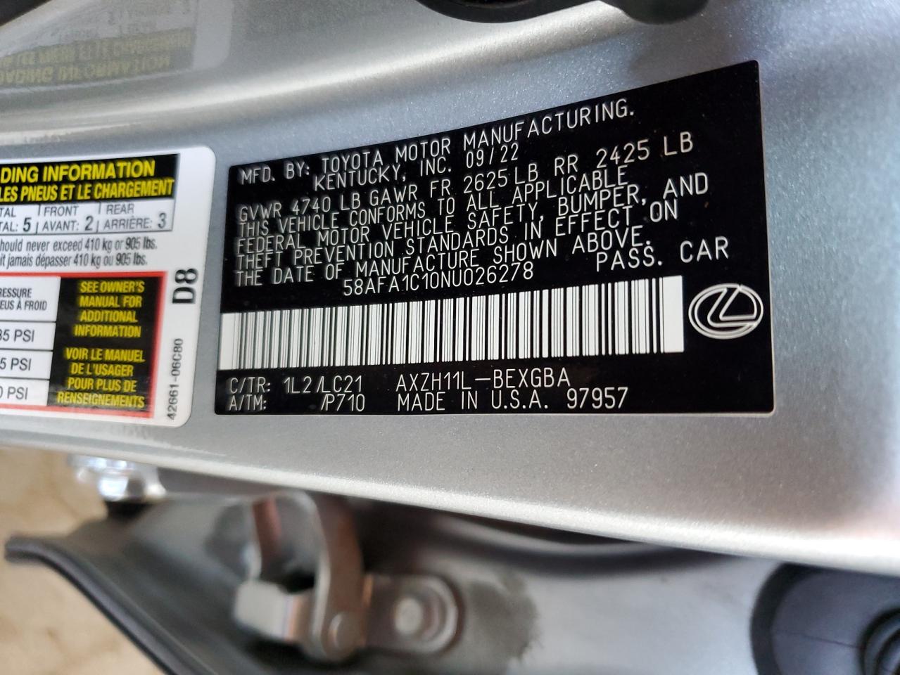 2022 Lexus Es 300H Base VIN: 58AFA1C10NU026278 Lot: 59594635