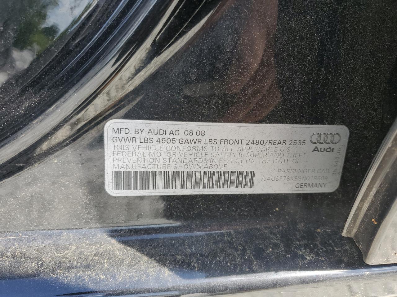 2009 Audi A4 Premium Plus VIN: WAUSF78K59N018609 Lot: 61924855