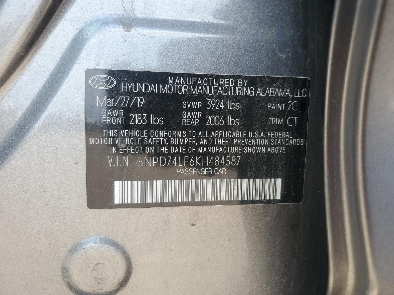 2019 Hyundai Elantra Se VIN: 5NPD74LF6KH484587 Lot: 61870255