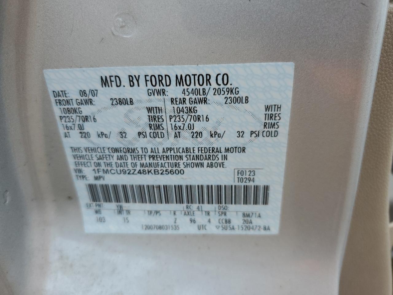2008 Ford Escape Xls VIN: 1FMCU92Z48KB25600 Lot: 63178825