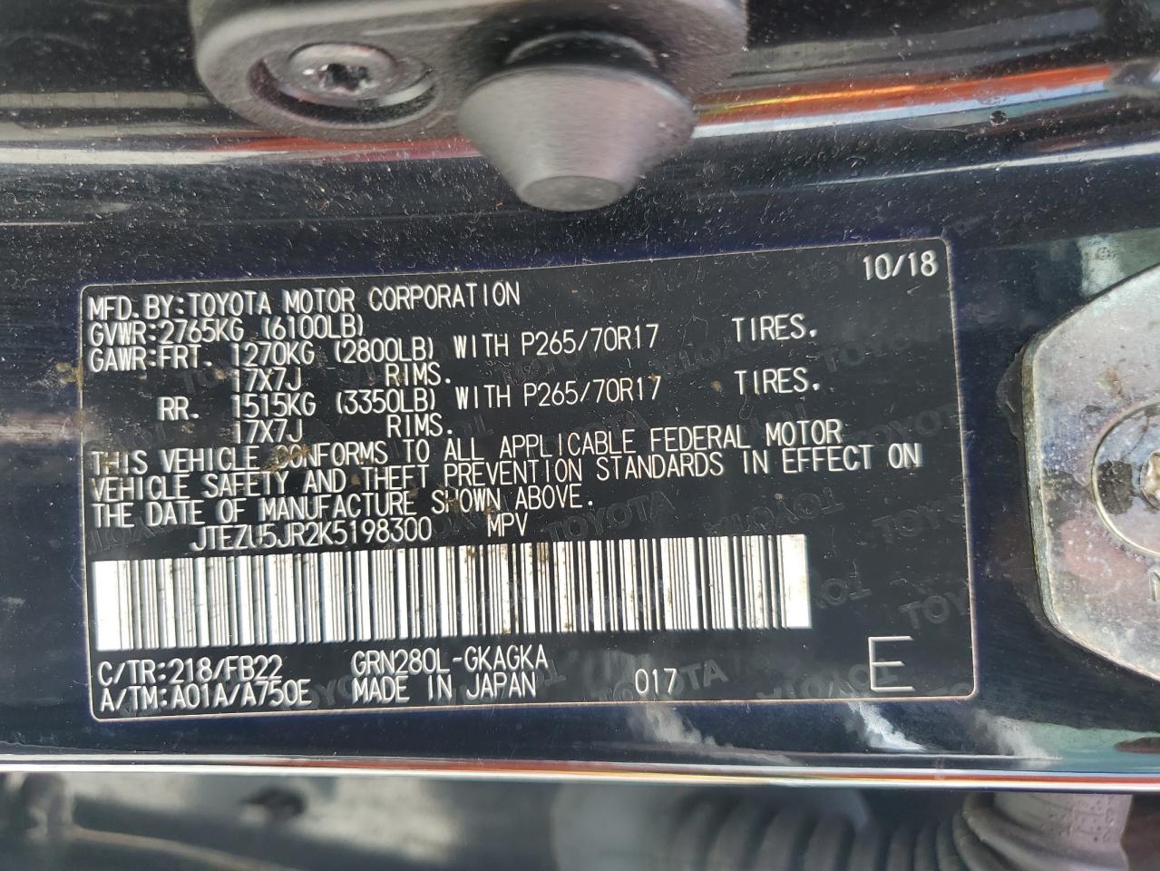 2019 Toyota 4Runner Sr5 VIN: JTEZU5JR2K5198300 Lot: 60391275