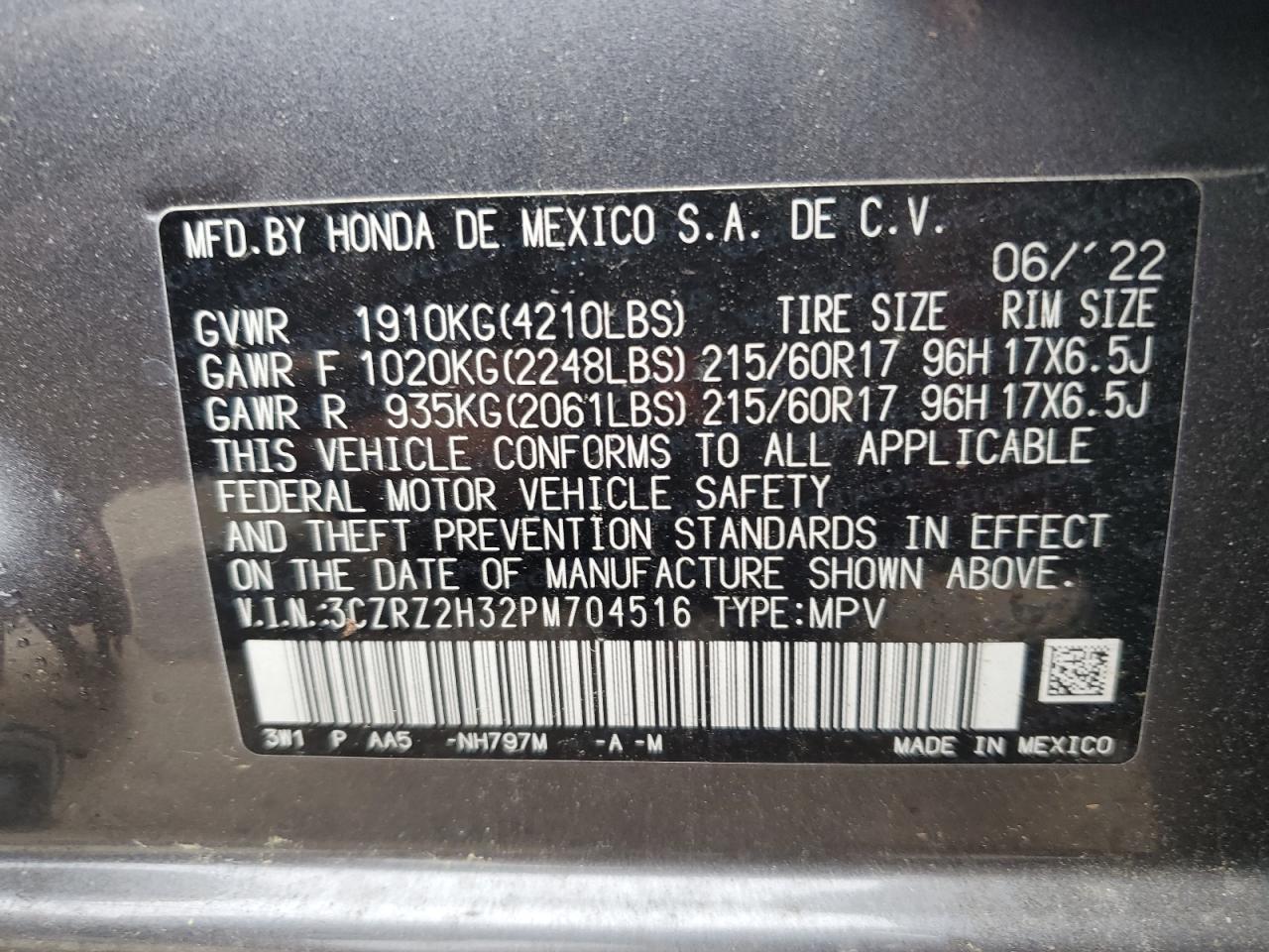 2023 Honda Hr-V Lx VIN: 3CZRZ2H32PM704516 Lot: 62423595