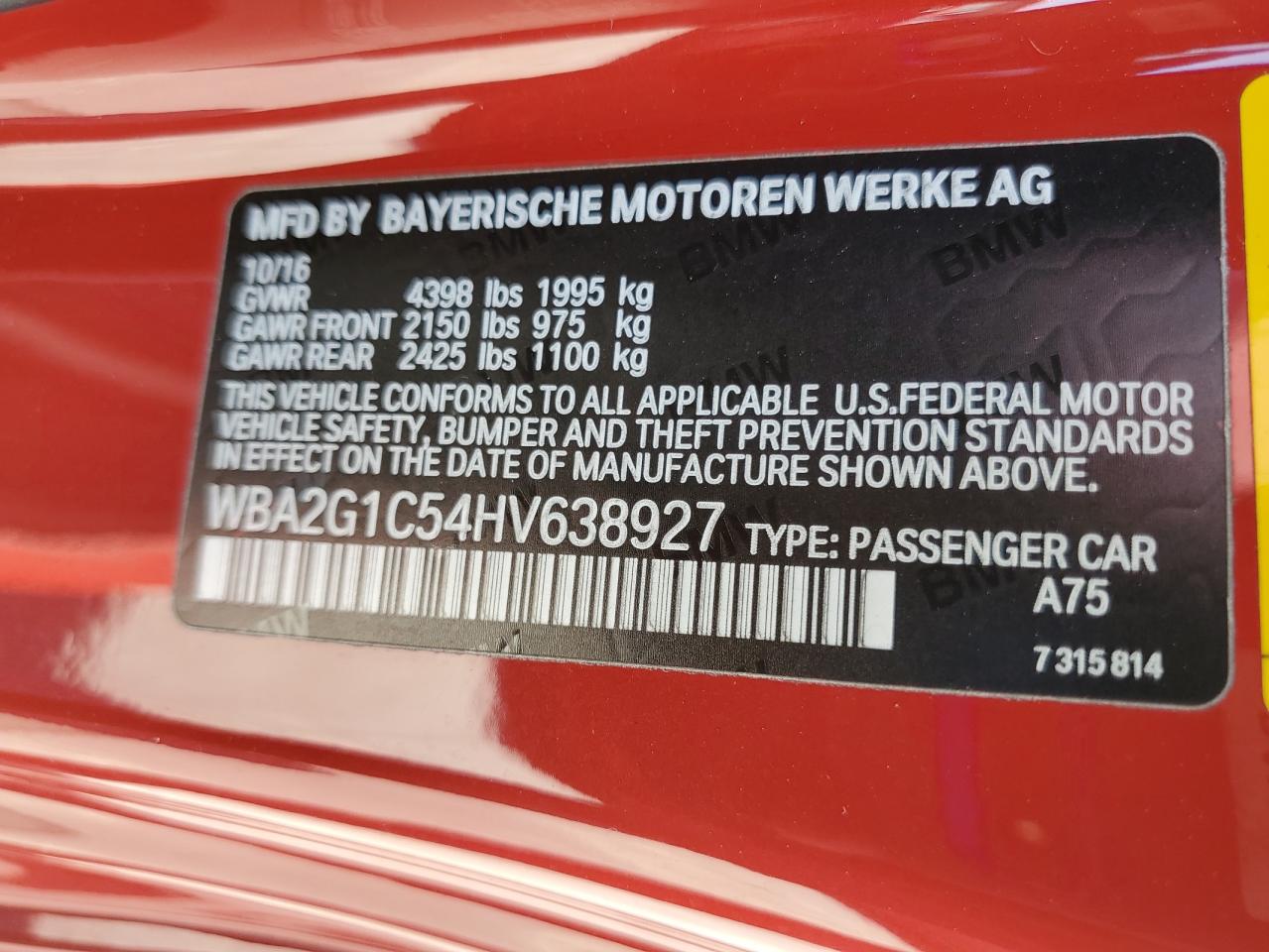 2017 BMW M240I VIN: WBA2G1C54HV638927 Lot: 61210075
