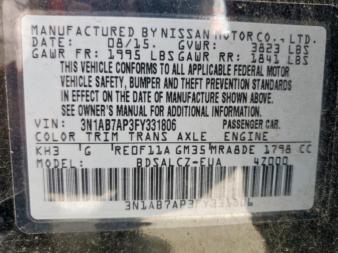 2015 Nissan Sentra S VIN: 3N1AB7AP3FY331806 Lot: 59220625