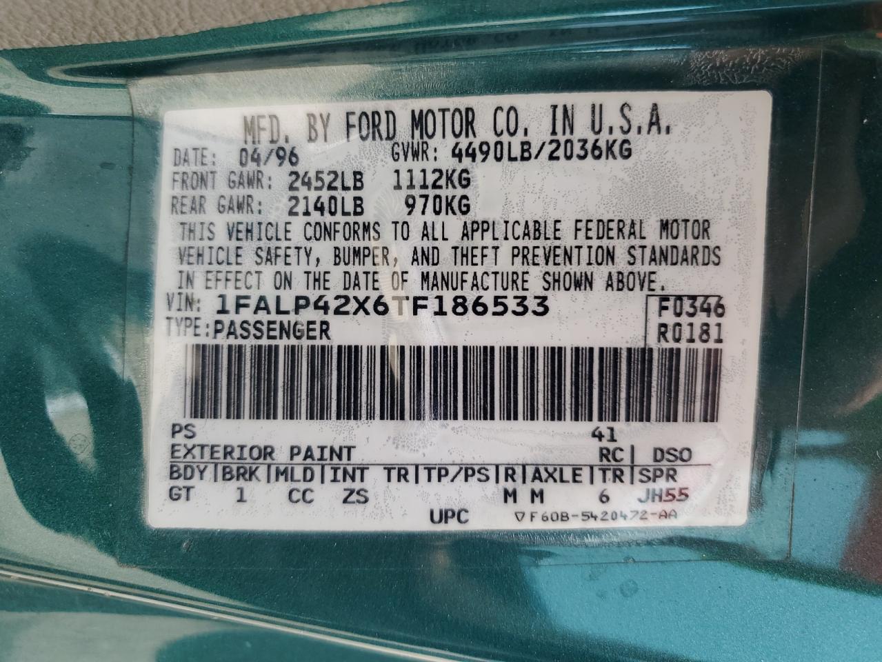 1996 Ford Mustang Gt VIN: 1FALP42X6TF186533 Lot: 61011265
