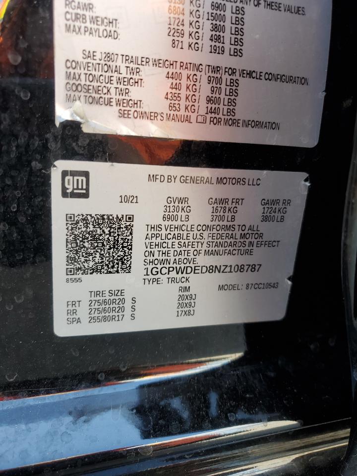 2022 Chevrolet Silverado Ltd C1500 Rst VIN: 1GCPWDED8NZ108787 Lot: 85203305