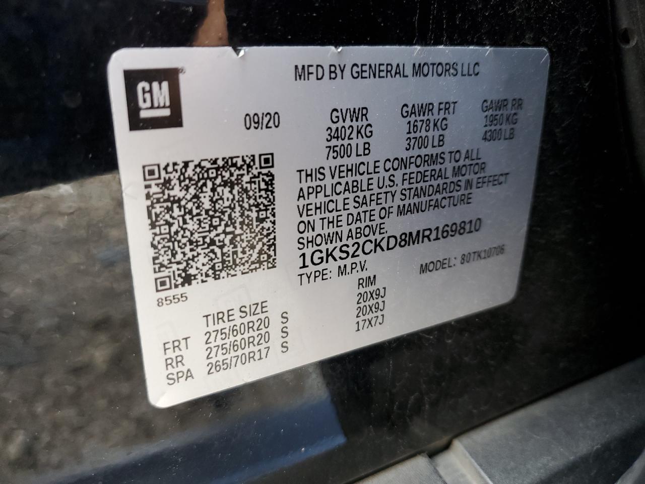 2021 GMC Yukon At4 VIN: 1GKS2CKD8MR169810 Lot: 62404245