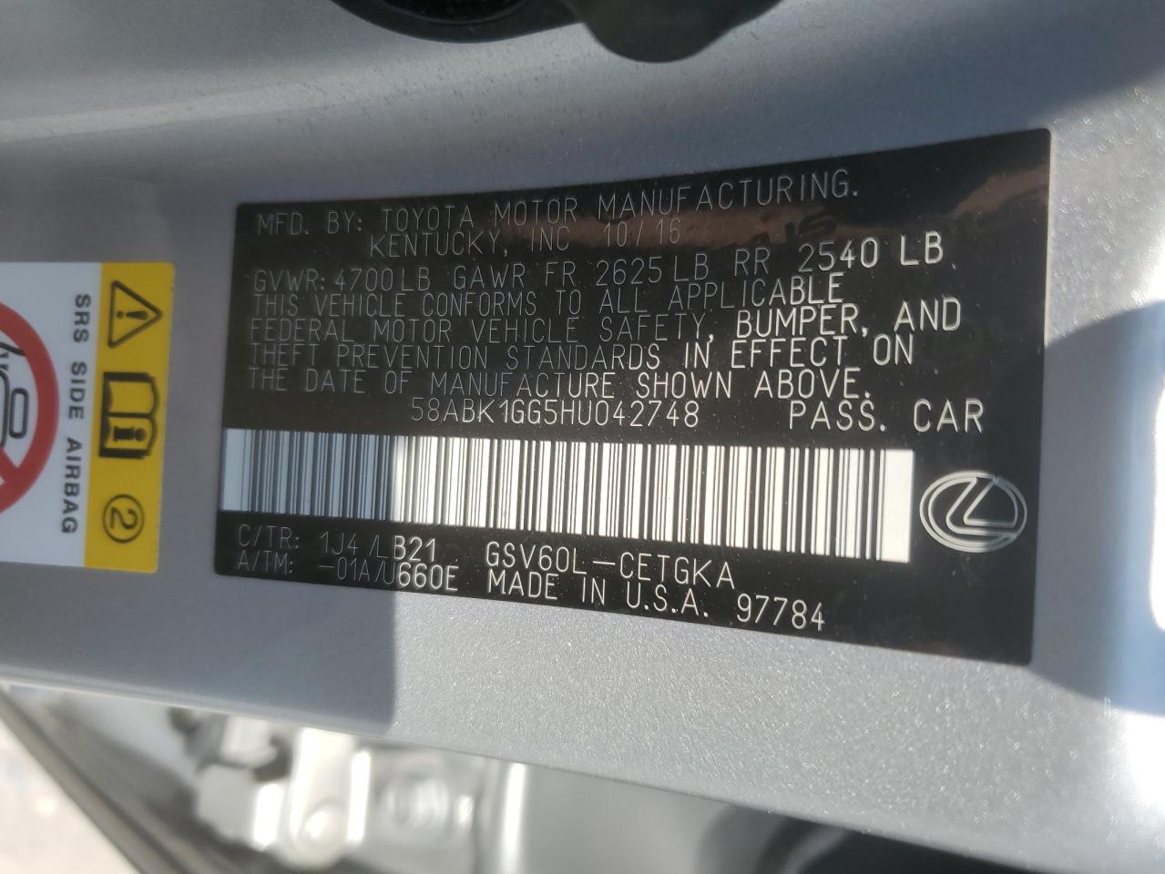 2017 Lexus Es 350 VIN: 58ABK1GG5HU042748 Lot: 62545385