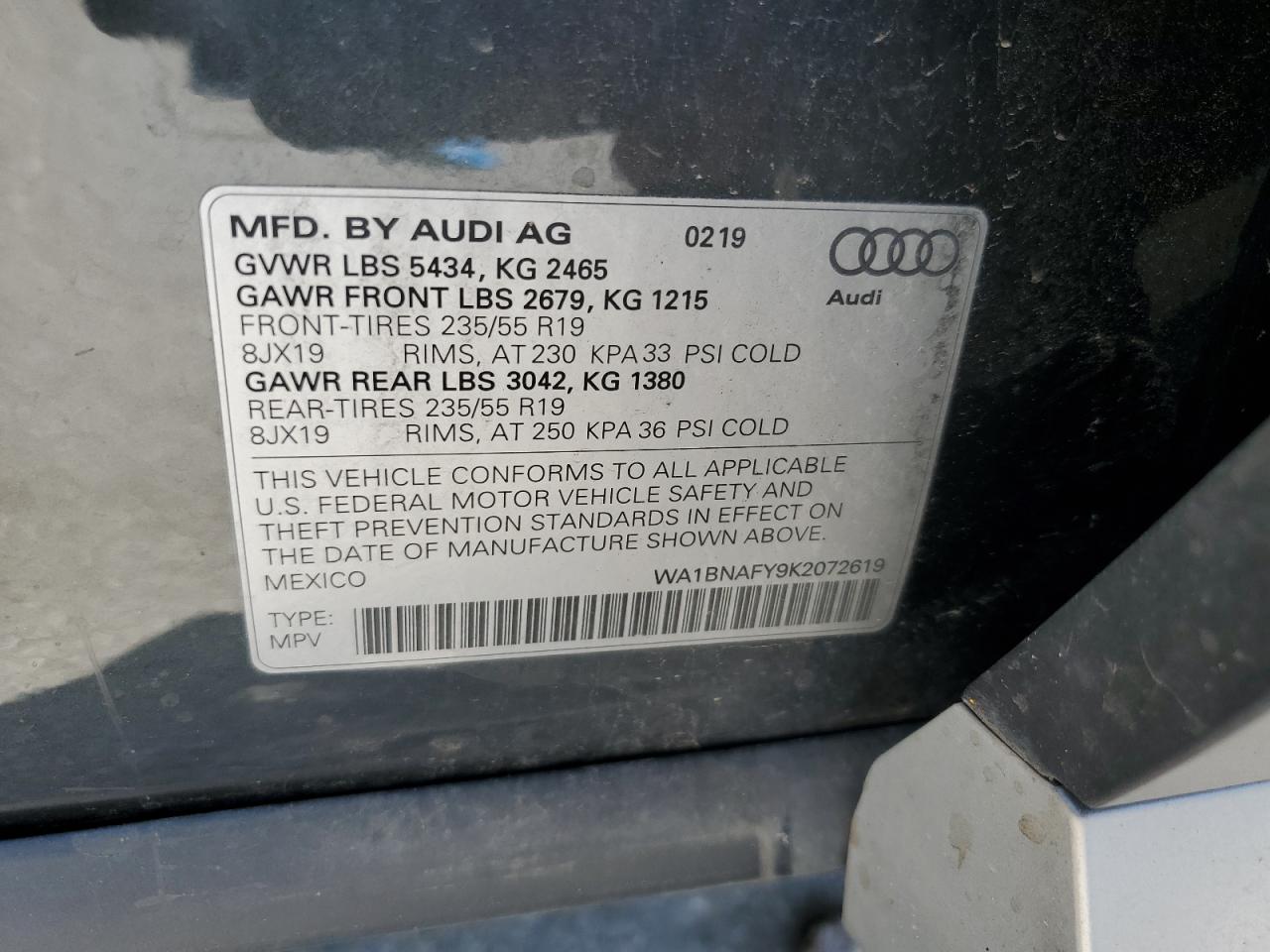 2019 Audi Q5 Premium Plus VIN: WA1BNAFY9K2072619 Lot: 61961025