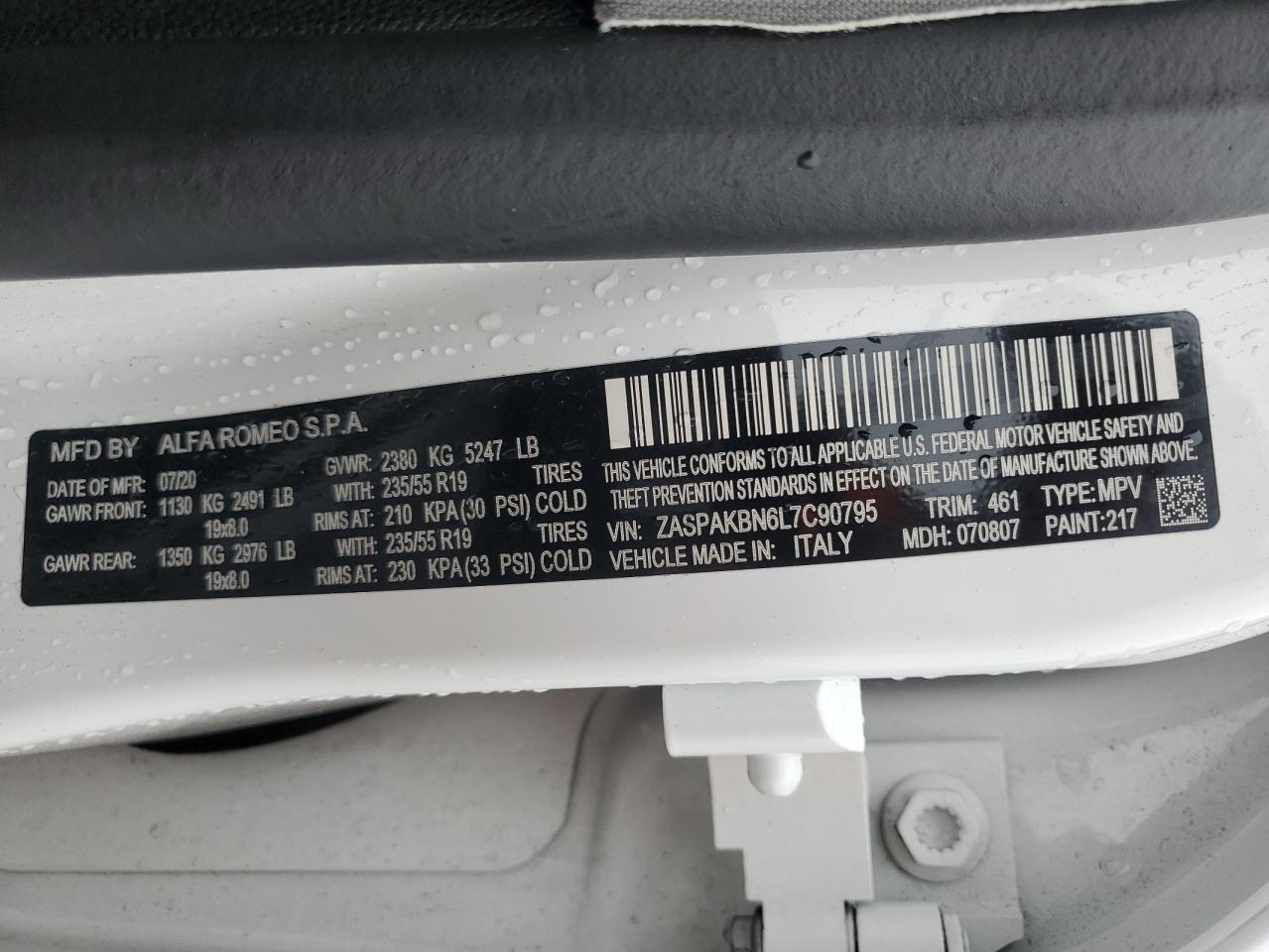 2020 Alfa Romeo Stelvio Ti VIN: ZASPAKBN6L7C90795 Lot: 61490935