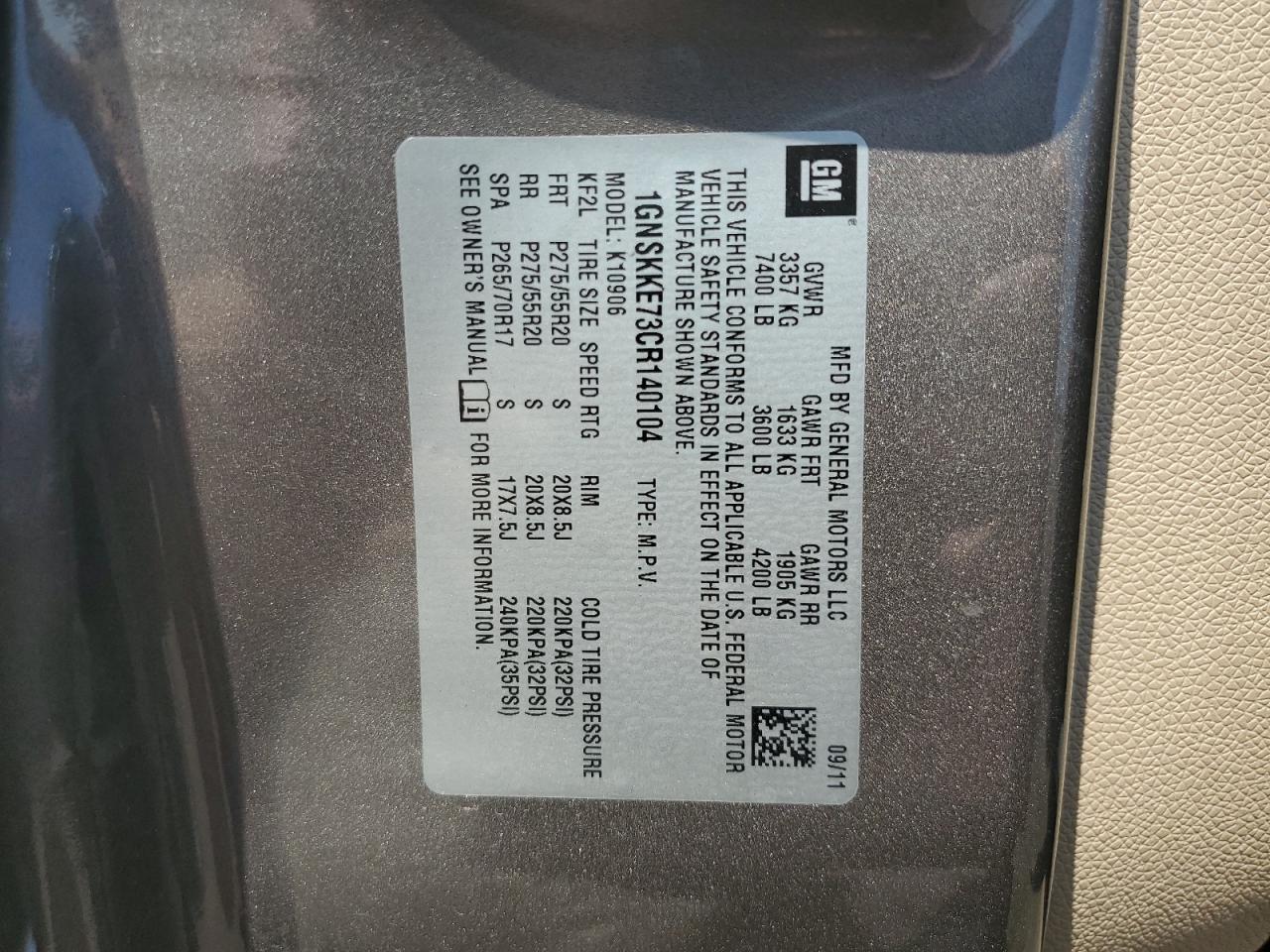 2012 Chevrolet Suburban K1500 Ltz VIN: 1GNSKKE73CR140104 Lot: 62504165