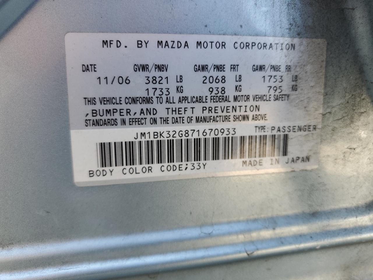2007 Mazda 3 I VIN: JM1BK32G871670933 Lot: 62181025