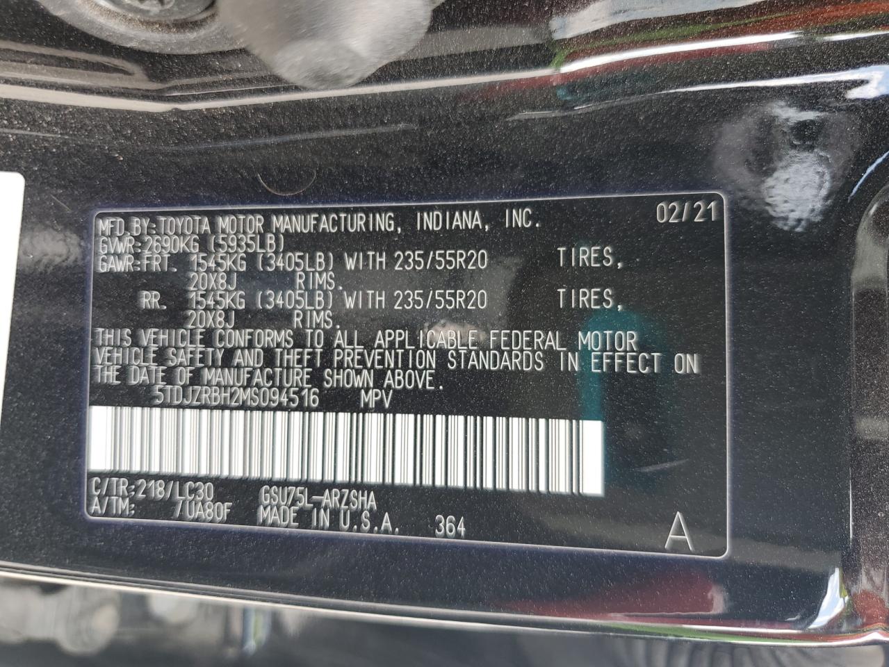 2021 Toyota Highlander Xse VIN: 5TDJZRBH2MS094516 Lot: 62929825