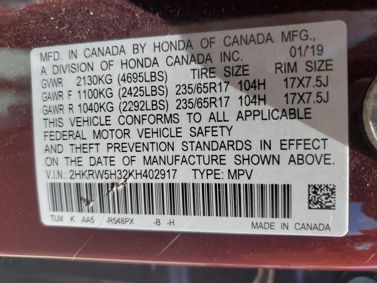 2019 Honda Cr-V Lx VIN: 2HKRW5H32KH402917 Lot: 61350575