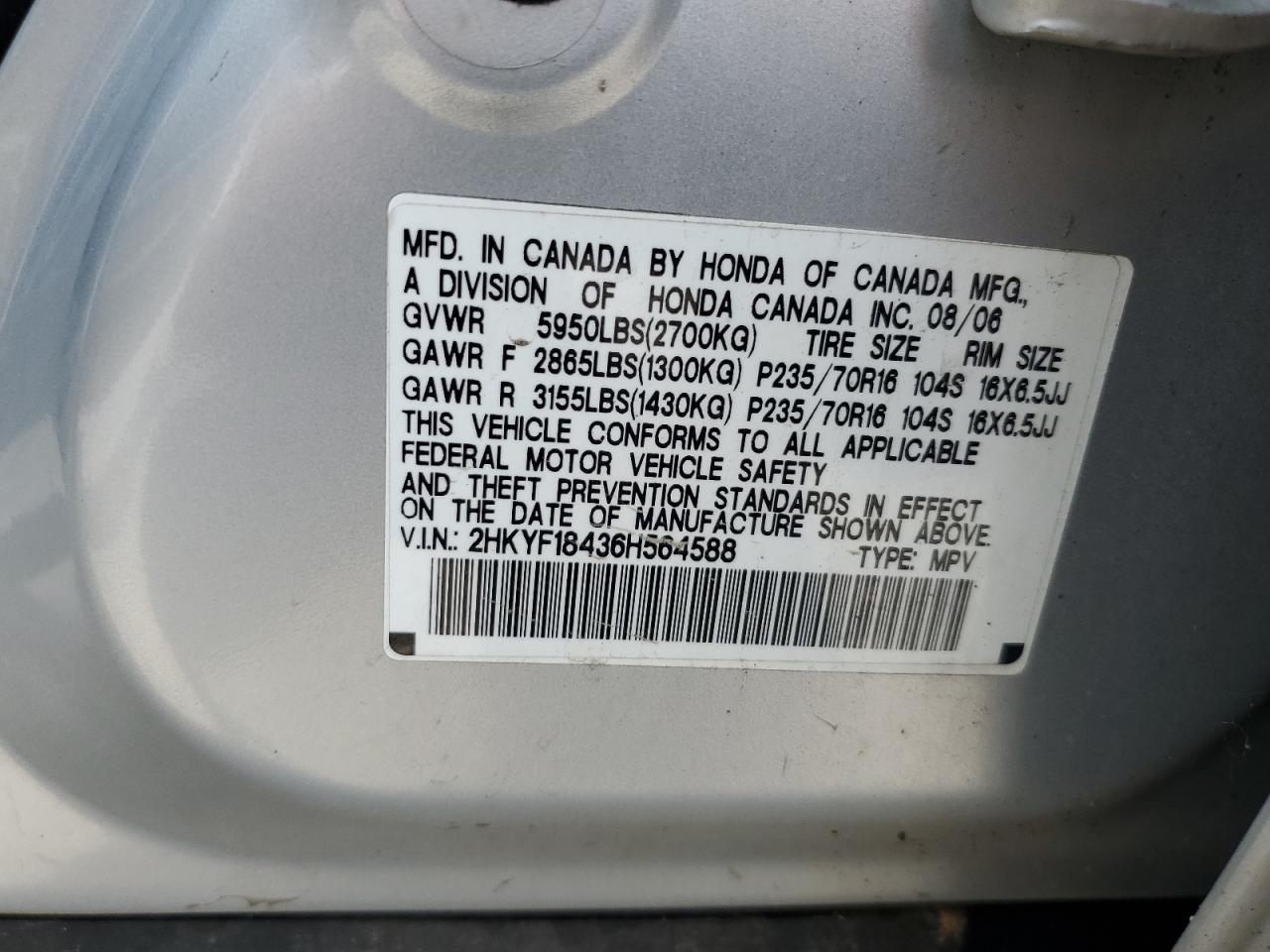 2006 Honda Pilot Ex VIN: 2HKYF18436H564588 Lot: 60785295