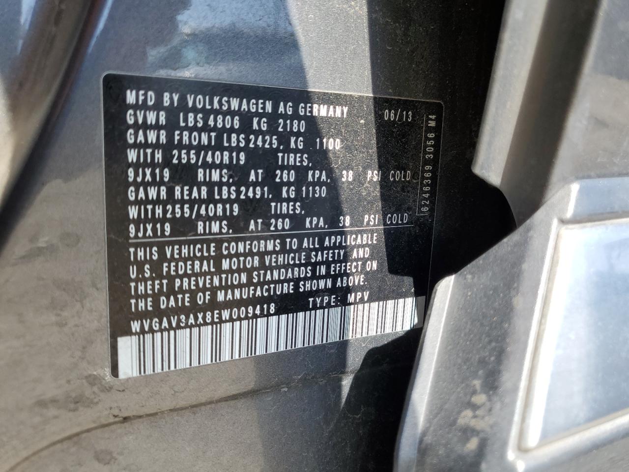 2014 Volkswagen Tiguan S VIN: WVGAV3AX8EW009418 Lot: 61044445