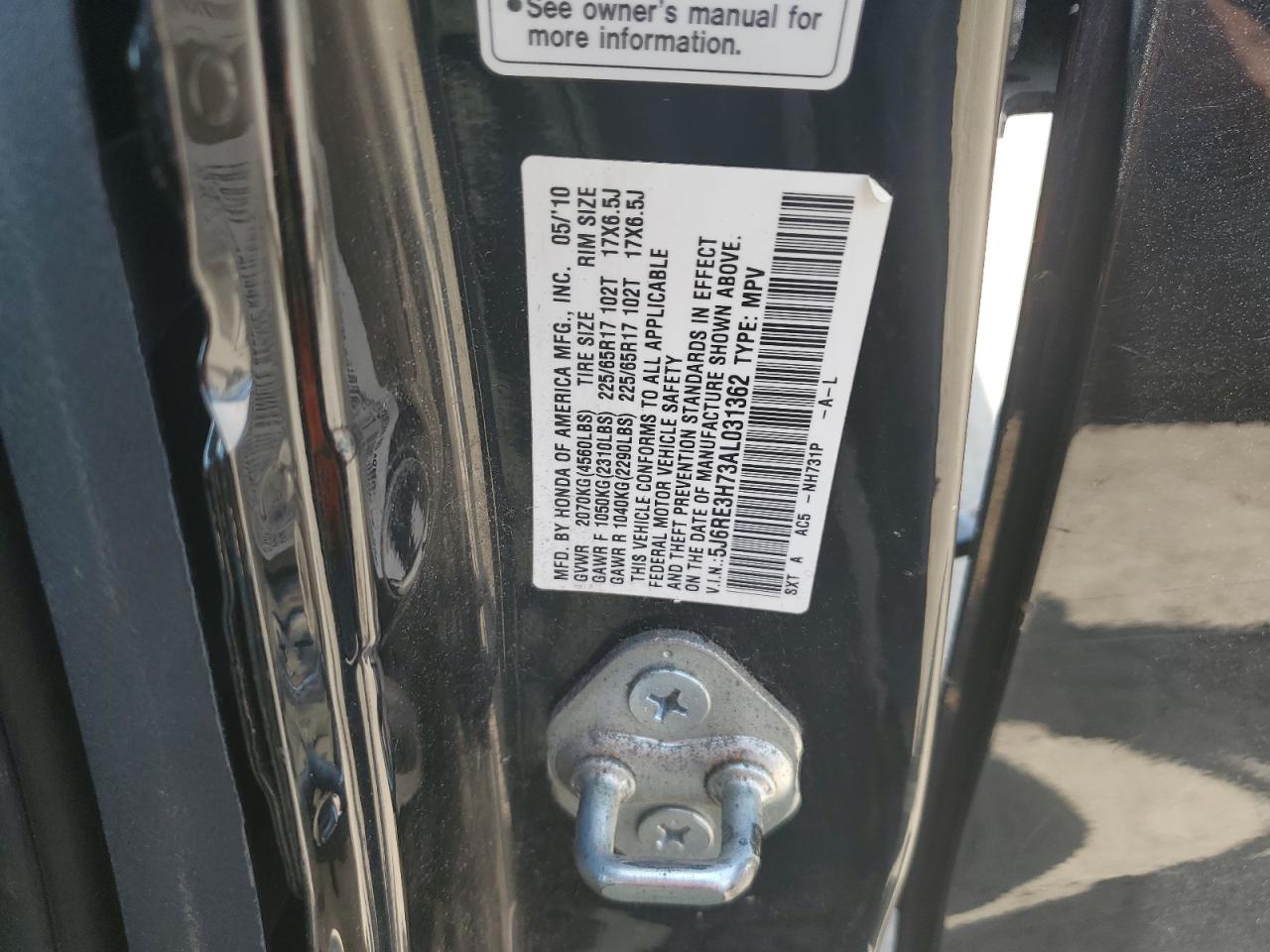 2010 Honda Cr-V Exl VIN: 5J6RE3H73AL031362 Lot: 62200765