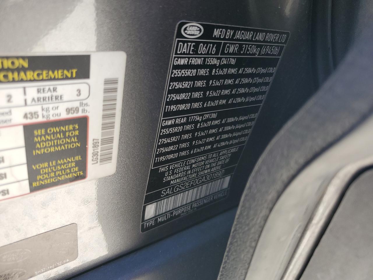 SALGS2EF0GA301897 2016 Land Rover Range Rover Supercharged