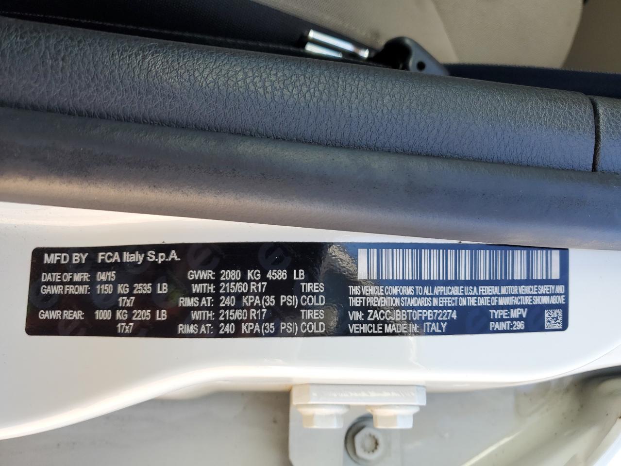 2015 Jeep Renegade Latitude VIN: ZACCJBBT0FPB72274 Lot: 60982175