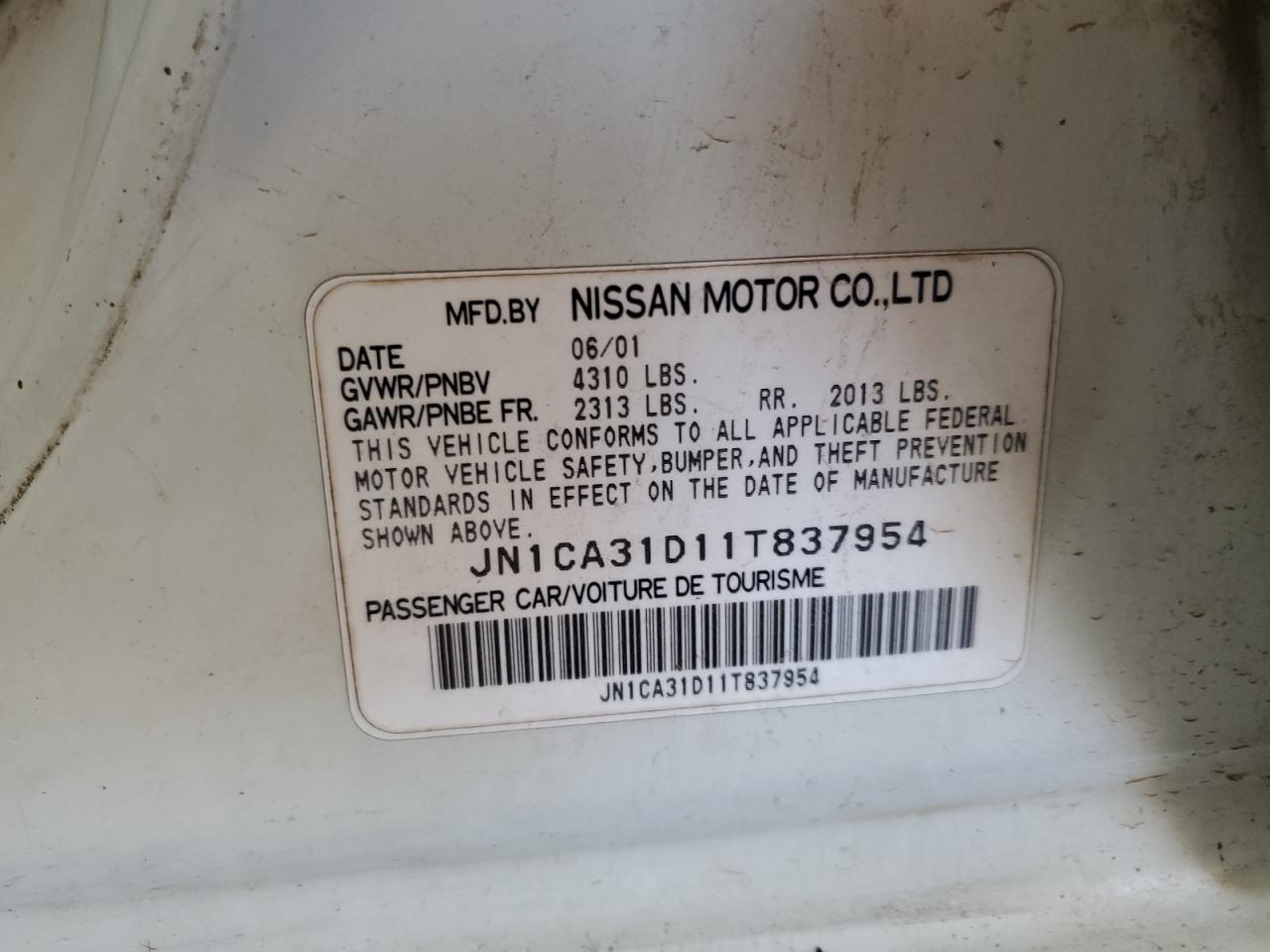 2001 Nissan Maxima Gxe VIN: JN1CA31D11T837954 Lot: 60278685
