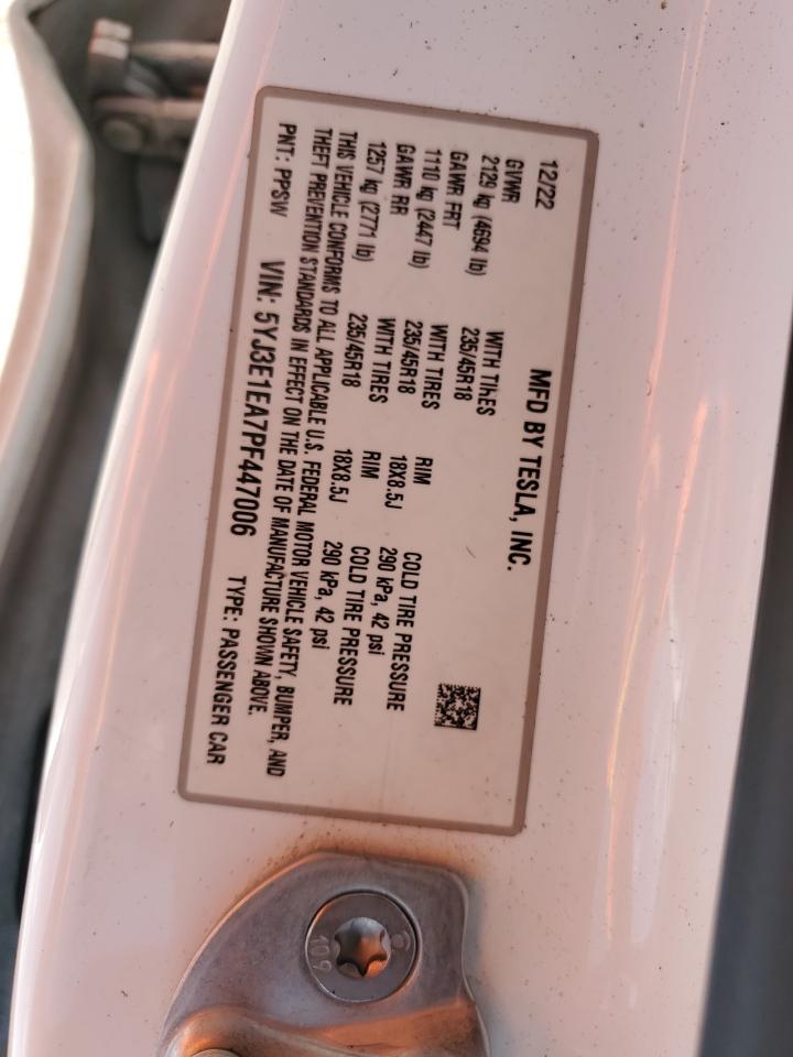 2023 Tesla Model 3 VIN: 5YJ3E1EA7PF447006 Lot: 62788355