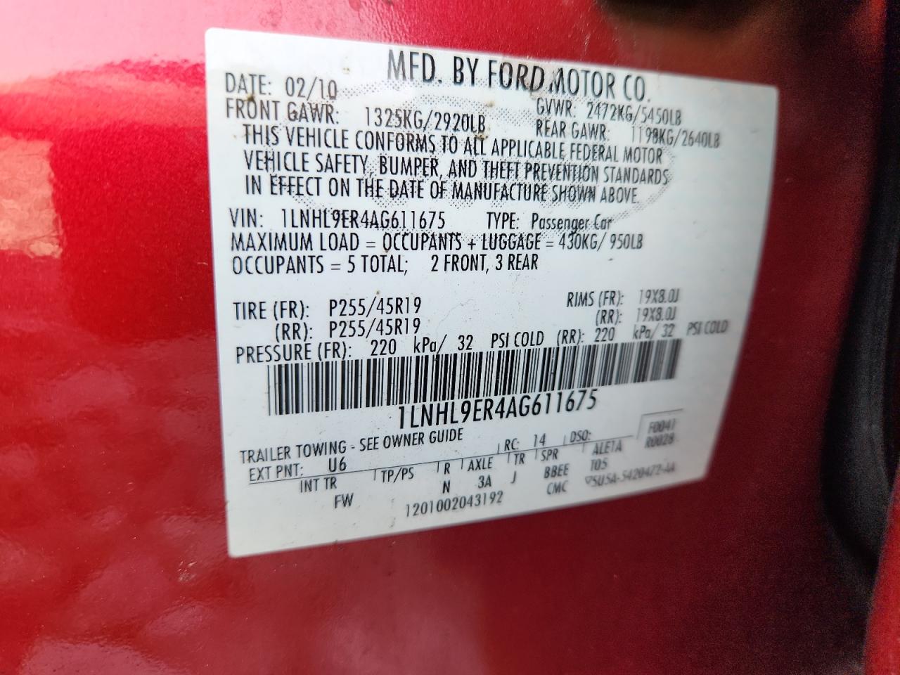 2010 Lincoln Mks VIN: 1LNHL9ER4AG611675 Lot: 62816045
