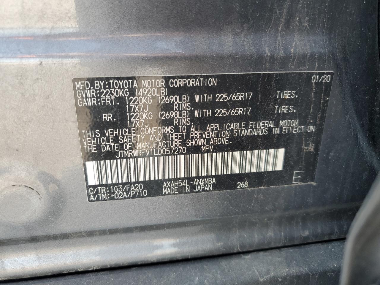 2020 Toyota Rav4 Xle VIN: JTMRWRFV1LD057270 Lot: 61754695