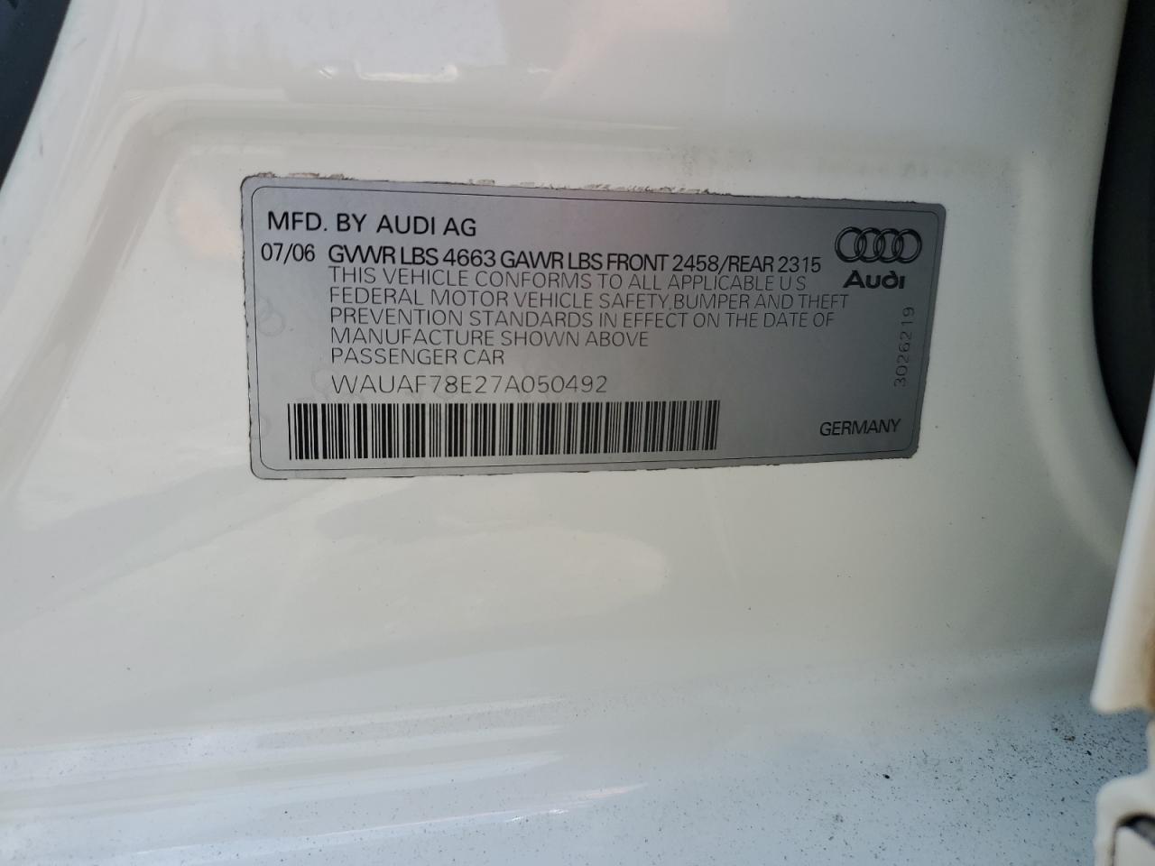 2007 Audi A4 2 VIN: WAUAF78E27A050492 Lot: 62671925