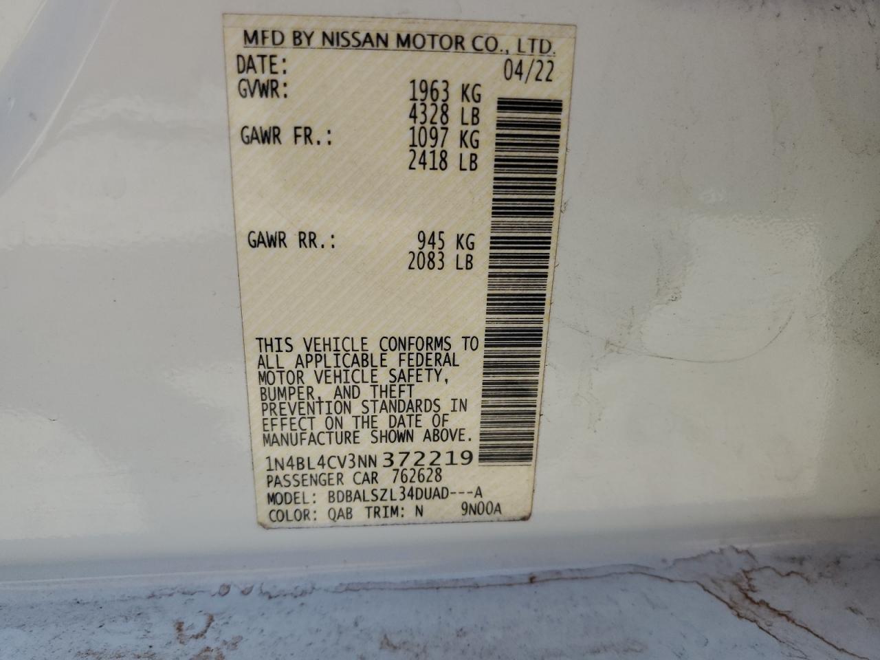 2022 Nissan Altima Sr VIN: 1N4BL4CV3NN372219 Lot: 62079915