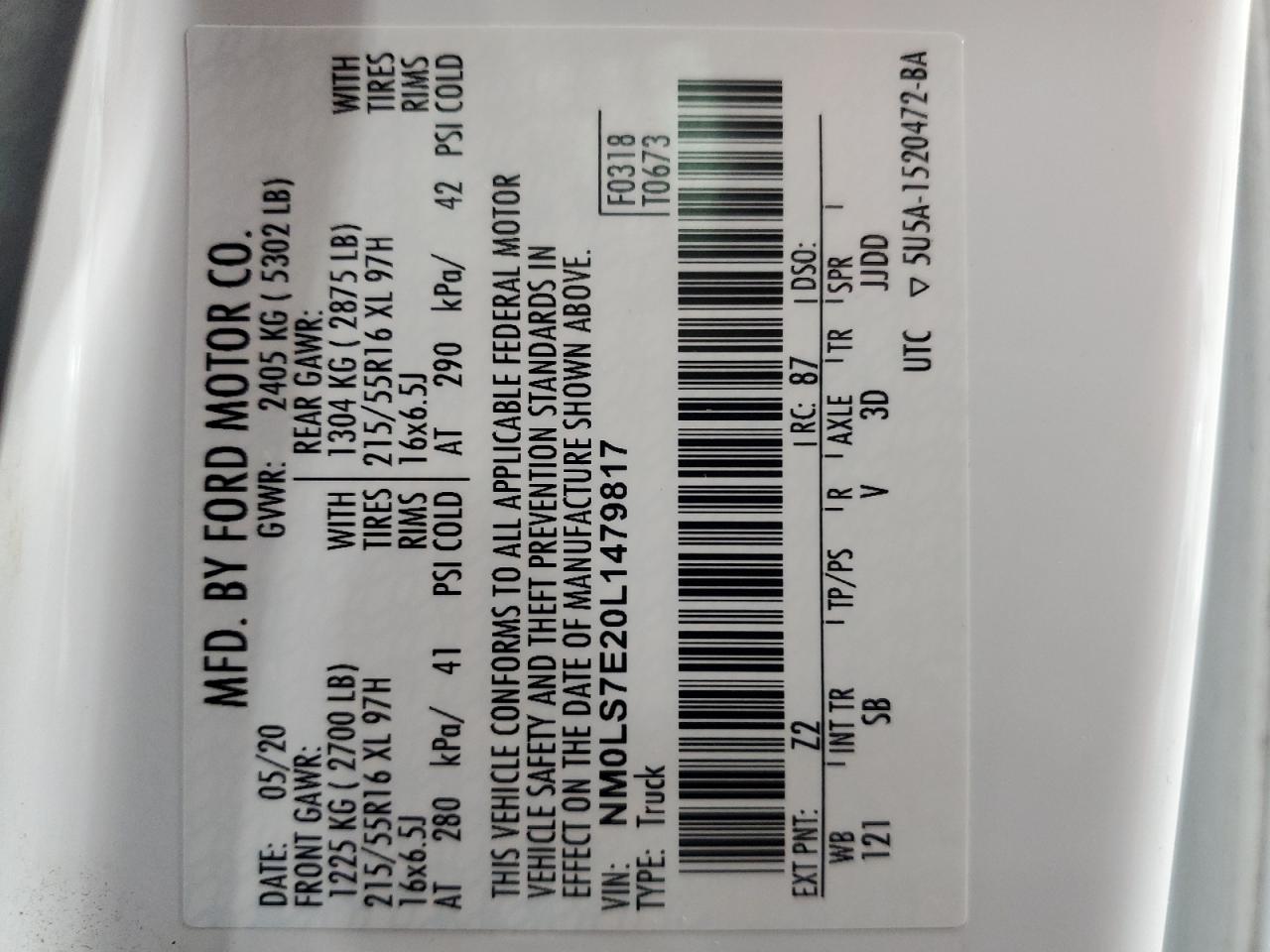 2020 Ford Transit Connect Xl VIN: NM0LS7E20L1479817 Lot: 61833375