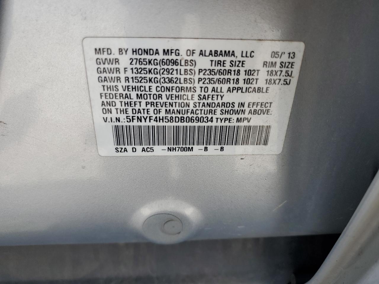 2013 Honda Pilot Exl VIN: 5FNYF4H58DB069034 Lot: 61188145