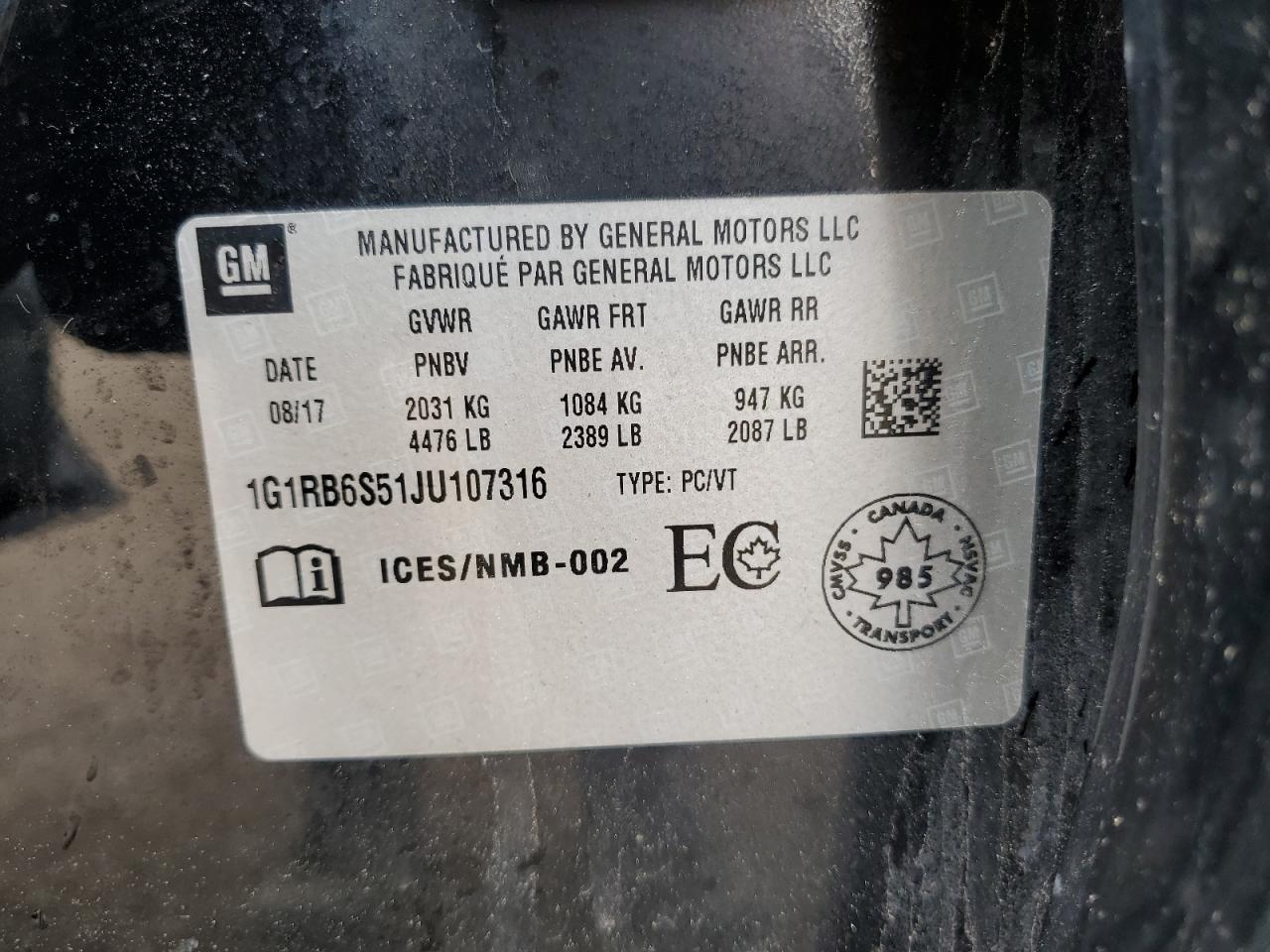 2018 Chevrolet Volt Premier VIN: 1G1RB6S51JU107316 Lot: 58651725