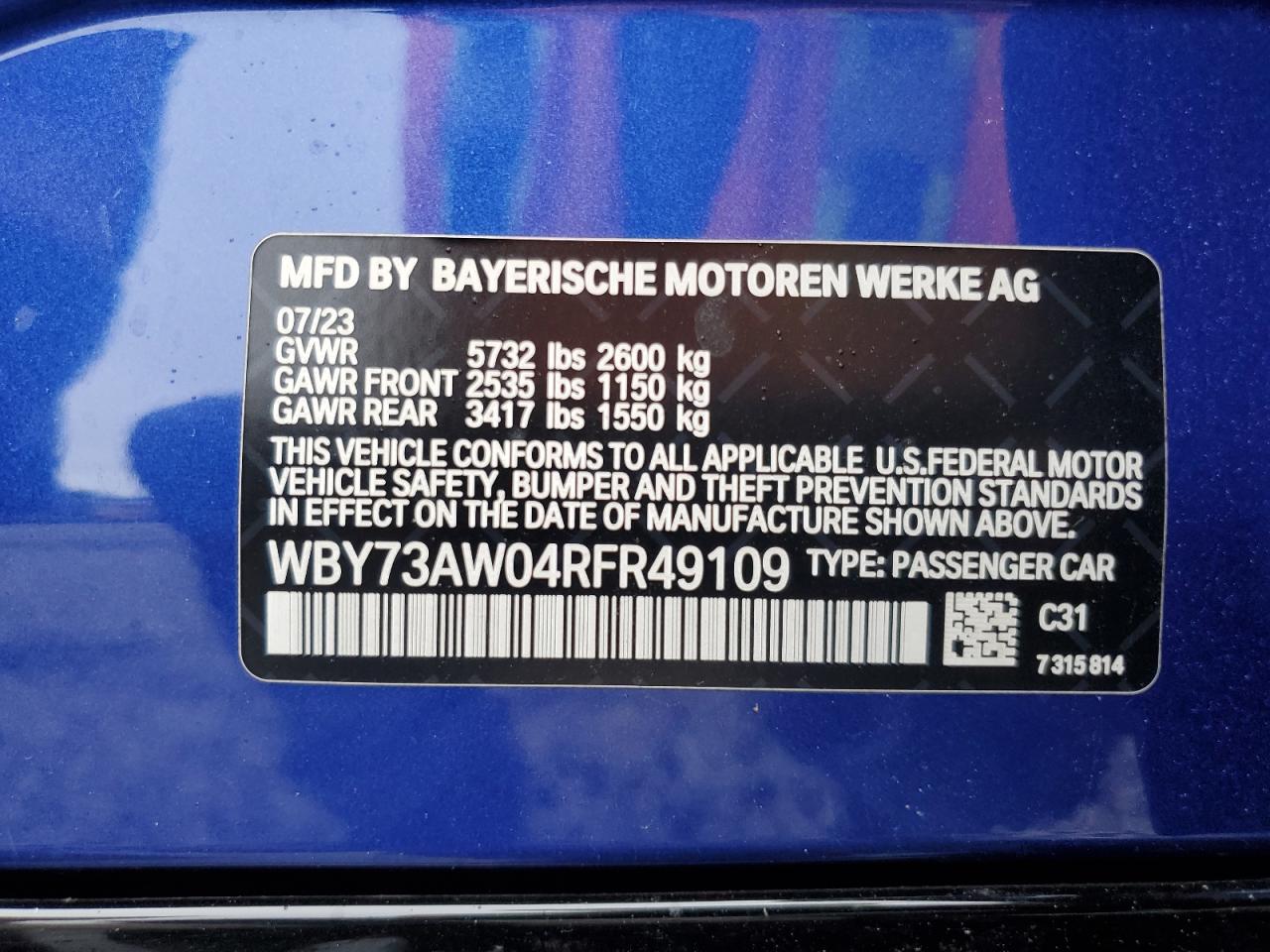 2024 BMW I4 Edrive 40 VIN: WBY73AW04RFR49109 Lot: 60988065