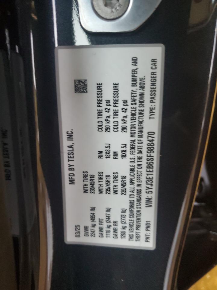 2025 Tesla Model 3 VIN: 5YJ3E1EB6SF988470 Lot: 62834805