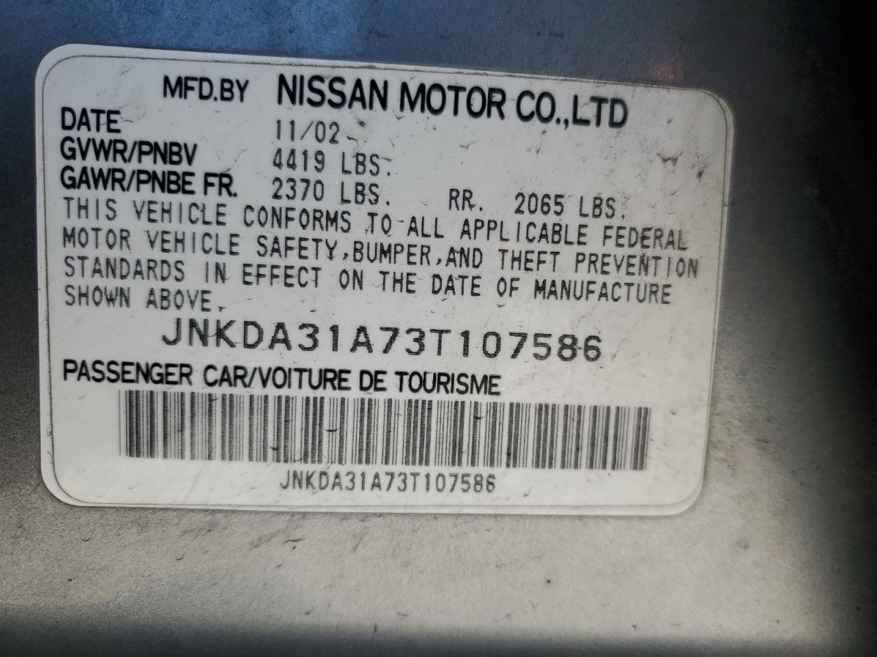2003 Infiniti I35 VIN: JNKDA31A73T107586 Lot: 59367915
