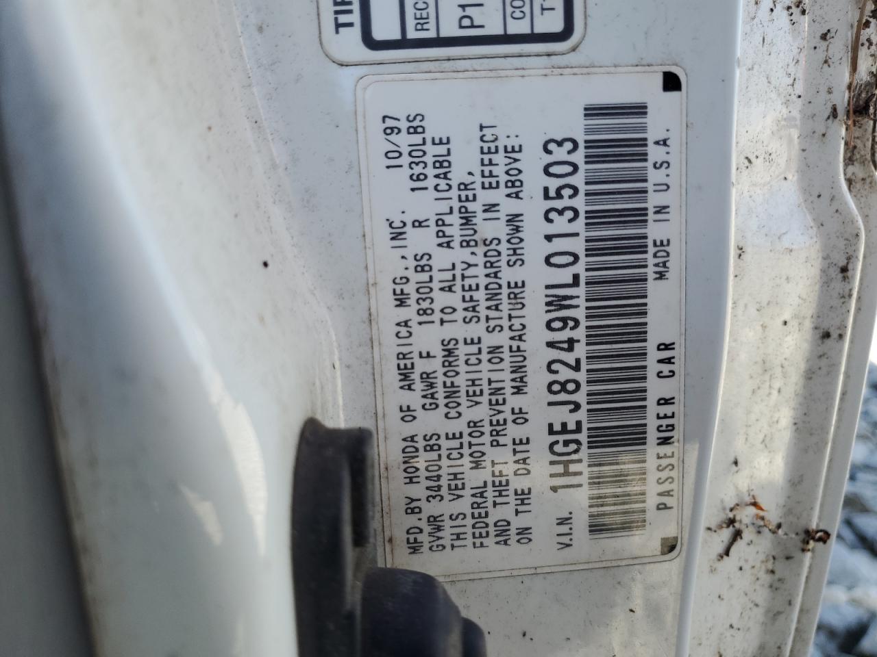 1998 Honda Civic Ex VIN: 1HGEJ8249WL013503 Lot: 61783375