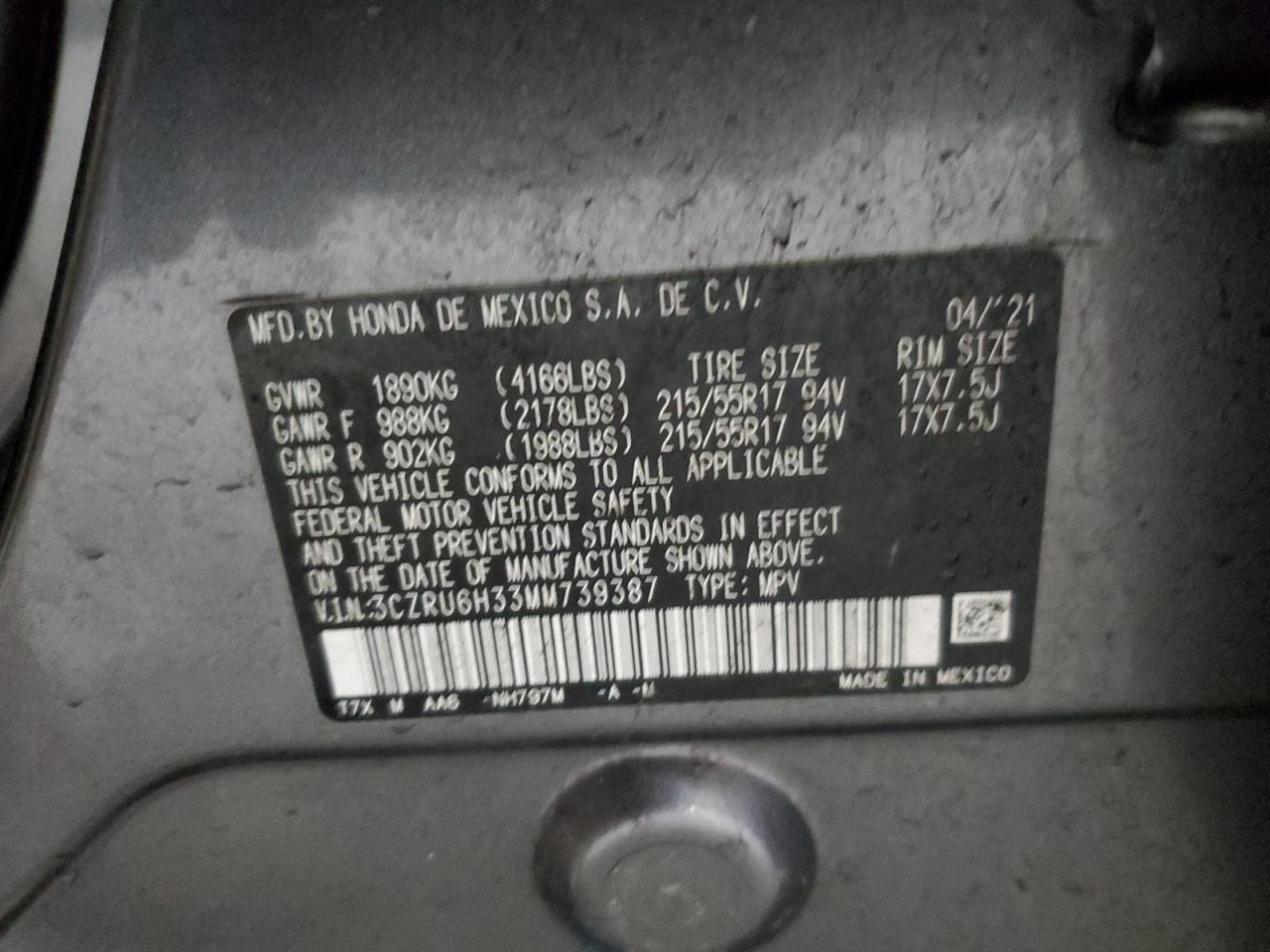 2021 Honda Hr-V Lx VIN: 3CZRU6H33MM739387 Lot: 58976735