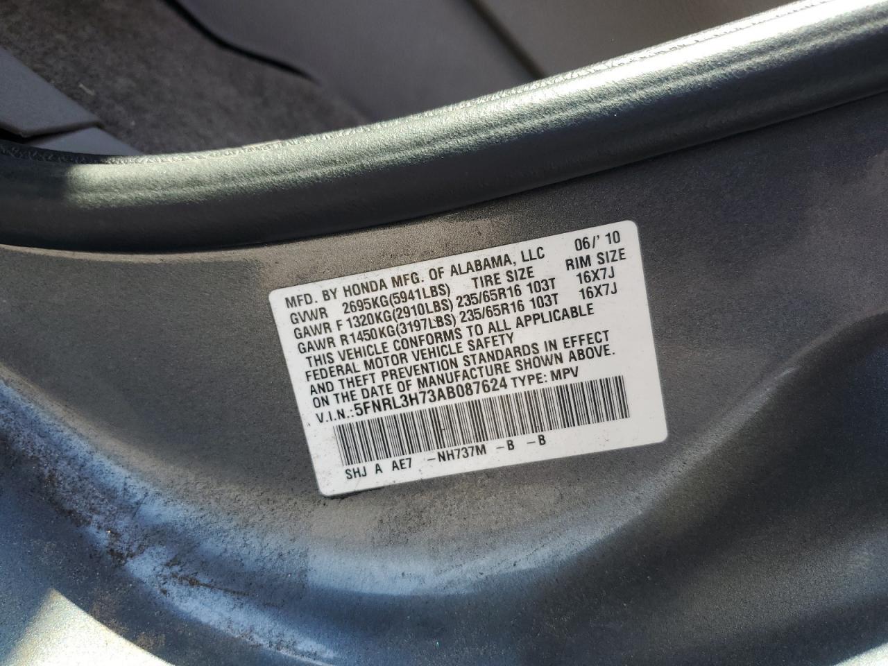 2010 Honda Odyssey Exl VIN: 5FNRL3H73AB087624 Lot: 60153485