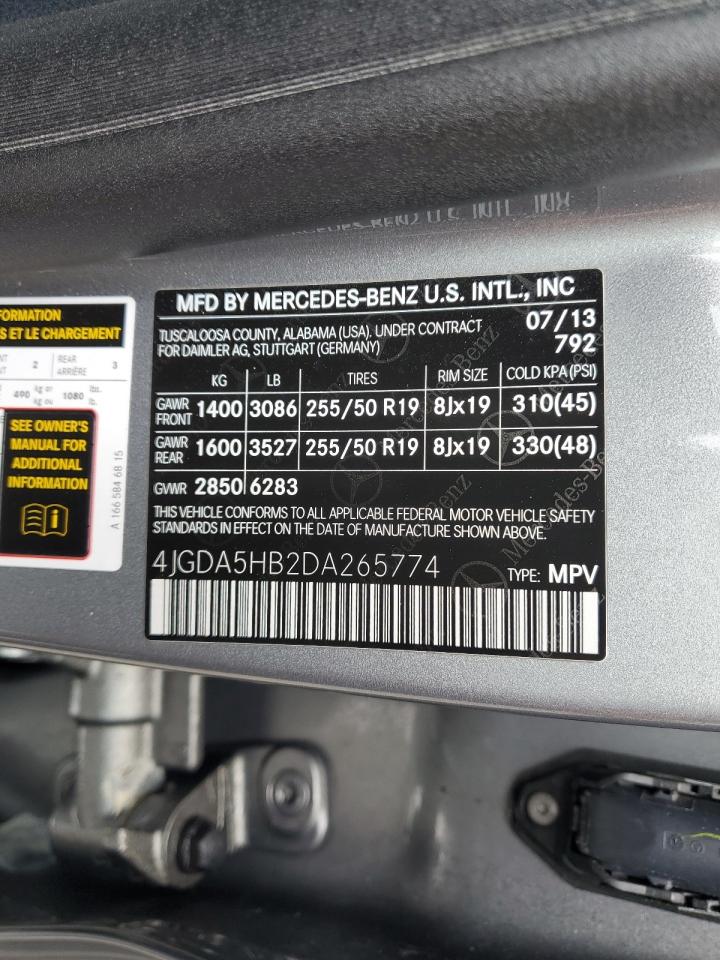 2013 Mercedes-Benz Ml 350 4Matic VIN: 4JGDA5HB2DA265774 Lot: 62687405