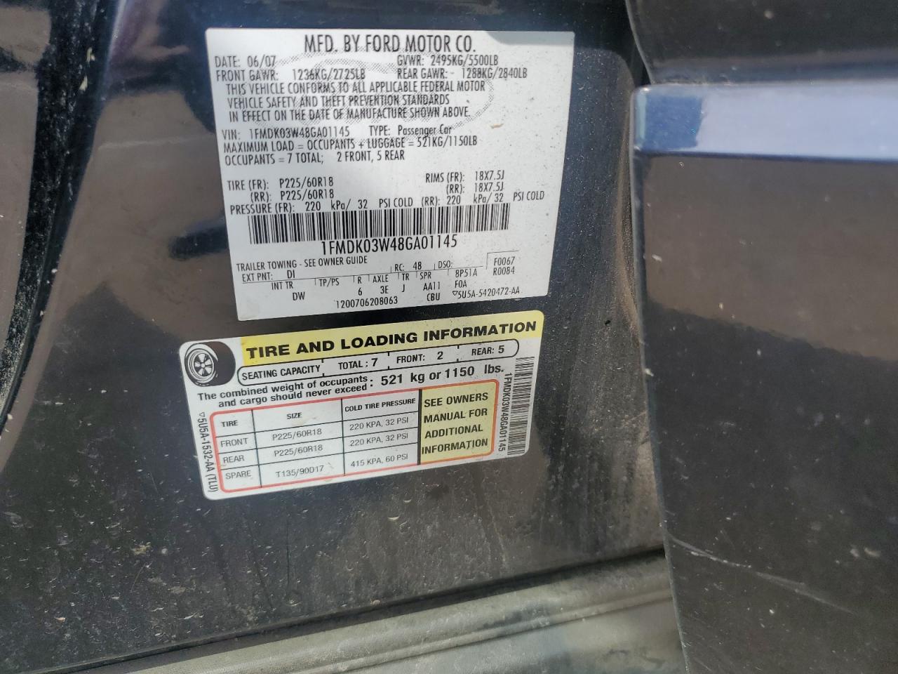 2008 Ford Taurus X Limited VIN: 1FMDK03W48GA01145 Lot: 60896755