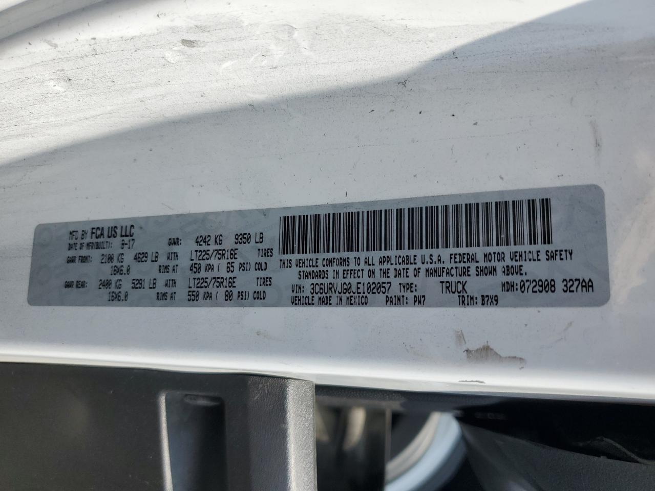 2018 Ram Promaster 3500 3500 High VIN: 3C6URVJG0JE102057 Lot: 59262585