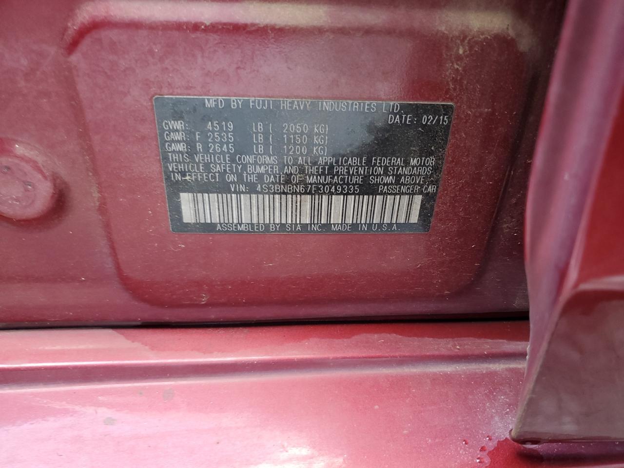 2015 Subaru Legacy 2.5I Limited VIN: 4S3BNBN67F3049335 Lot: 61843425