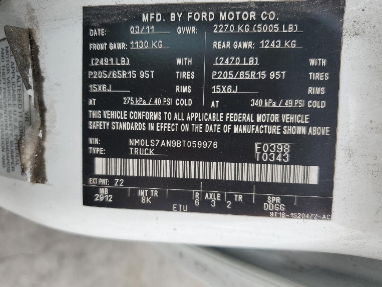 2011 Ford Transit Connect Xl VIN: NM0LS7AN9BT059976 Lot: 62419215